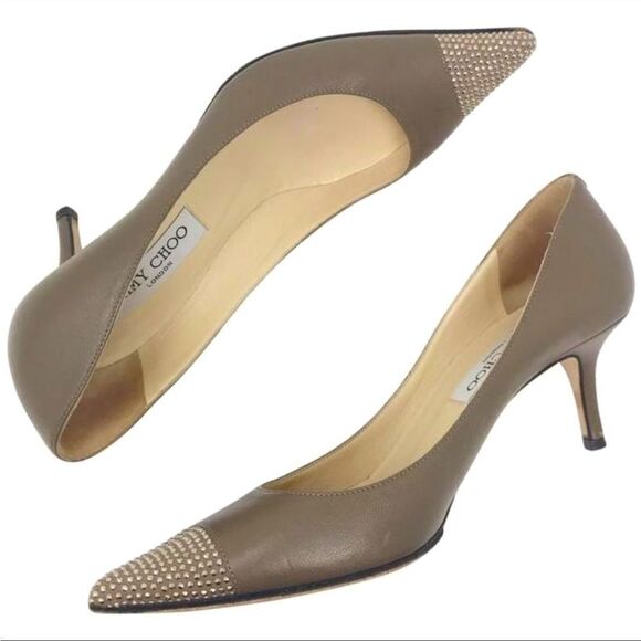 EUC Jimmy Choo Taupe Crystal Tip Leather Heels Nappa Taupe Sz. 36.5 - Picture 1 of 10